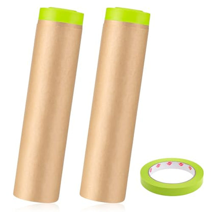 2 Rolls Pre-Taped Masking Paper for Painting 24 inch x 50 feet Tape and Drape Painters Painters Masking Tape Adhesive Protective Paper for Auto Body Covering Skirting Wall Covering