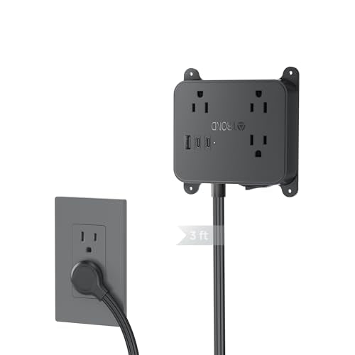 TROND Flat Plug Power Strip, 3FT Short Extension Cord with 3 AC Outlets, Wall Mount Charging Station with 2 USB-C & 1 USB-A, in Cabinet Power Outlet, Attach Behind TV or Under Desk Vanity Counter - color: Black, size: 3FT