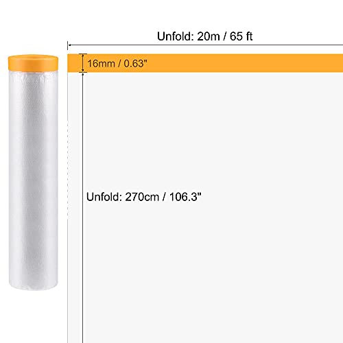 uxcell Pre-Taped Masking Film, 106.3 in x 65 Ft, Plastic Drop Cloth with Medium-Tack Painters Tape for Painting Protection - size: 106.3 in x 65 Ft