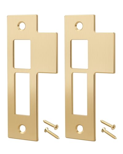 2 Pcs Brushed Brass Door Strike Plate Latch with Screws Solid Brass Replacement Latch Striker Keeper for Mortise, Striker, Keeper, 3-1/2" (3.5 Inch)