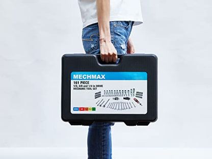 MECHMAX 161-Piece Master Mechanics Tool Set & 1/4", 3/8", 1/2" Drive Socket Kit. Professional Auto Repair Set with Ratcheting Bit Driver, Spark Plug Sockets, Wrenches & Hex Keys for Car, Truck, RV. - style: 161 Piece