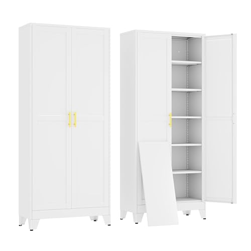 erosoei 75" H Metal Garage Storage Cabinet, Metal Pantry Cabinet with 2 Doors, Locker Steel Cabinet with 5 Adjustable Shelves, Freestanding Cupboard for Garage,Office,Home,Gym,School - color: White, size: 75"No wheels, no locks
