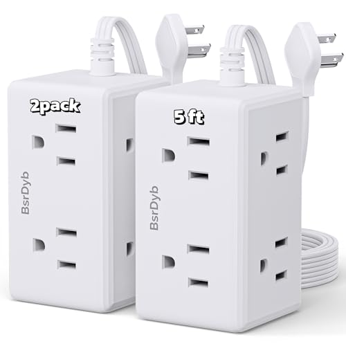 2 Pack 5Ft Flat Plug Small Power Strip,3-Side White Extension Cord with 6 Wide Outlets Extender,No Surge Protector,Cruise Ship Essentials,Multi Plug for College Dorm Home Office Travel,Wall Mount,ETL - size: 5FT- 2 PACK