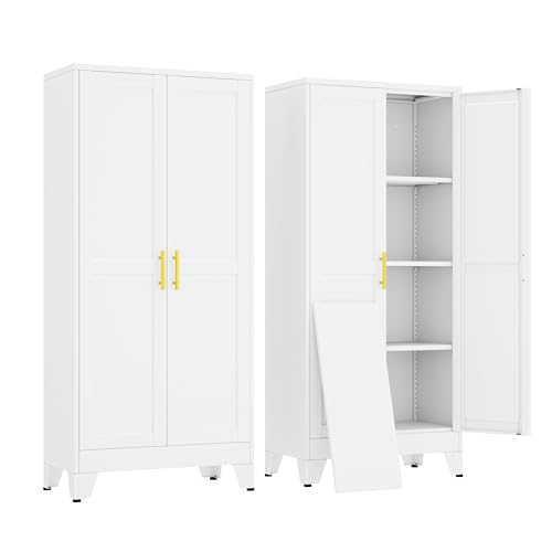 erosoei 61" H Metal Garage Storage Cabinet, Metal Pantry Cabinet with 2 Doors, Locker Steel Cabinet with 3 Adjustable Shelves, Freestanding Cupboard for Garage,Office,Home,Gym,School - color: White, size: 61"No wheels, no locks