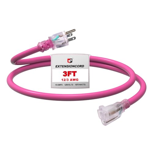 EP 3 Ft Outdoor Extension Cord, 12/3 SJTW Heavy Duty Waterproof Power Cable, 3 Prong Grounded Plug, Lighted End, for Lawn, Garden, Appliances, Pink - color: Pink, size: 3ft