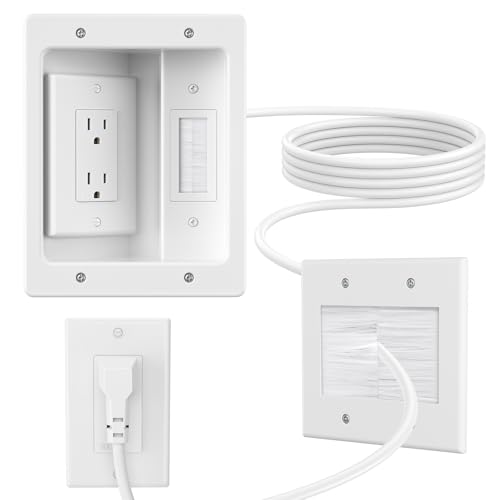 in Wall Cable Concealer Kit with Brush Wall Plate,Recessed Outlet Box,9ft Cord,2 Gang Pass Through Wire Hider for TV Cable Management,HDMI Cables and Home Theater Systems