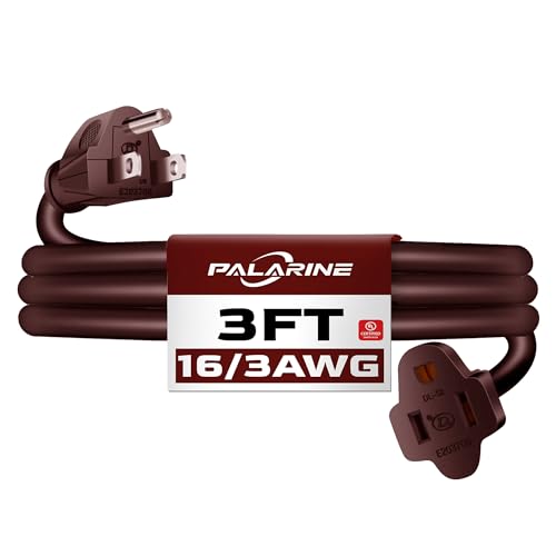 3ft Brown Extension Cord Waterproof, UL Listed, 16/3 SJTW Heavy Duty 3 Prong, 16 Gauge 13A Power Cord Ideal for Lights, Appliances, and Lawn - color: Brown, size: 3 FT, style: 16/3