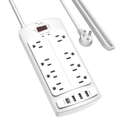 Surge Protector Power Strip - Nuetsa Flat Plug Extension Cord with 8 Outlets and 4 USB Ports, 10 Feet Power Cord (1625W/13A), 2700 Joules, ETL Listed, White - color: White, size: 10 Ft