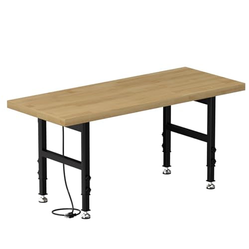 60" Work Bench, Adjustable Height Workbench with Rubber Pad, Heavy-Duty Work Table with Power Outlets, 2000 LBS Capacity Workstation for Garage, Workshop, Office, Home - size: 60“ x 24"