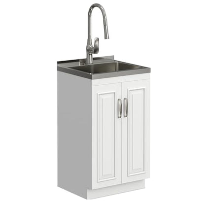 SIMPLIHOME Darwin All-in-One 20 inch Wide Utility Sink and Laundry Cabinet in Pure White Finish, Transitional Stainless Steel Sink Cabinet for Laundry Rooms with High-Arch Chrome Faucet and Storage - size: 20 Inch, style: Stainless Steel Sink