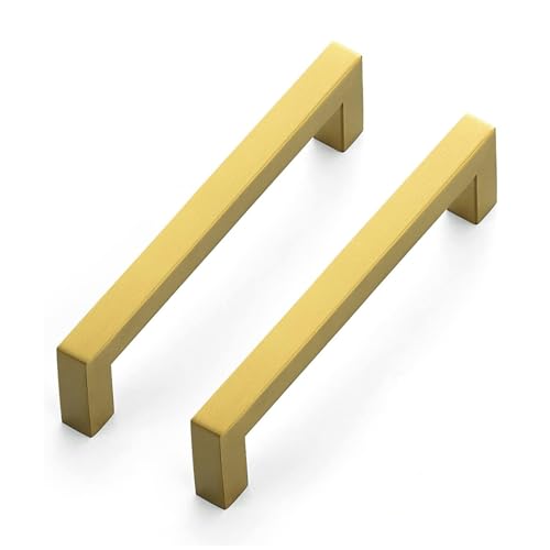 10 Pack Brushed Brass Cabinet Pulls, 5 Inch (128 mm) Hole Center Cabinet Handles, Square Kitchen Hardware for Doors, Drawers & Cupboards, Gold Stainless Steel, 5.5 Inch Overall Length - color: Brushed Brass Square, size: 5" Hole Center