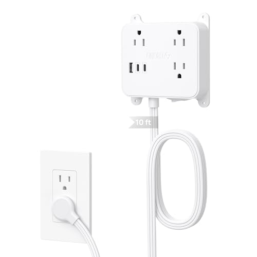 TROND Ultra Flat Plug Power Strip - Extension Cord 10FT with 3 USB Chargers, Power Strip with Long Cord, 3 Widely Outlets Charging Station, Wall Mount for Home Dorm Room Essentials - color: White, size: 10FT