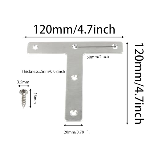 2PCS 120 x 120 mm T Shape Repair Plate, Stainless Steel T Shape Flat Mending Plates, Corner Brackets Angle Braces, Heavy Duty Furniture Repair Fixing Joint