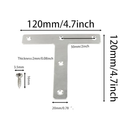 2PCS 120 x 120 mm T Shape Repair Plate, Stainless Steel T Shape Flat Mending Plates, Corner Brackets Angle Braces, Heavy Duty Furniture Repair Fixing Joint