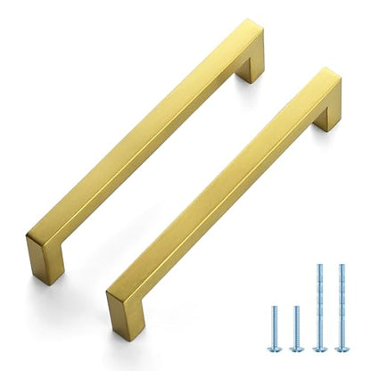 JOY DECOR 2 Pack Cabinet Handles, Gold Cabinet Pulls, 6-1/4 Inch Kitchen Handles Square Drawer Pulls Stainless Steel Drawer Hardware Handles, 160mm Hole Centers - size: 6-1/4 Inch Hole Center