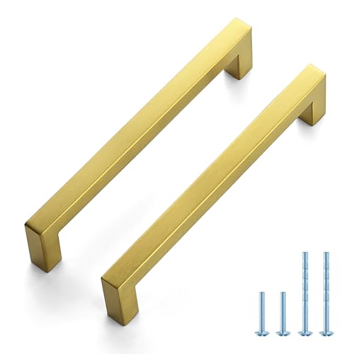 JOY DECOR 2 Pack Cabinet Handles, Gold Cabinet Pulls, 6-1/4 Inch Kitchen Handles Square Drawer Pulls Stainless Steel Drawer Hardware Handles, 160mm Hole Centers - size: 6-1/4 Inch Hole Center