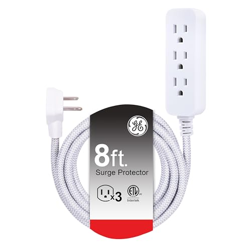 GE 3-Outlet Power Strip Surge Protector 8 Ft Braided Long Cord Extension Cord Surge Protector Power Strip Flat Plug Extension Cord 250 Joules UL Listed White 38433 - size: 8 Ft