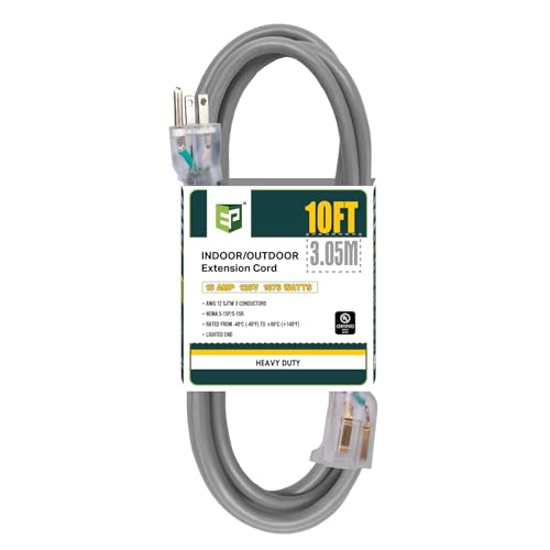 EP 10 Ft Lighted Outdoor Extension Cord - 12/3 SJTW Heavy Duty Grey Extension Cable with 3 Prong Grounded Plug - Power Cord for Lawn, Garden, Appliances - color: Grey, size: 10ft