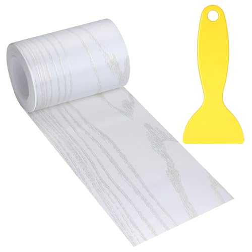 4" X33' Size Realistic Wood Grain Repair Tape, Self Adhesive Wood Grain Repair Patch for Table, Chair, Door, Windows, Floors, Furniture Renovation, Hand DIY. With Plastic Scraper. Gold Line White Wood - color: Gold Line White Wood