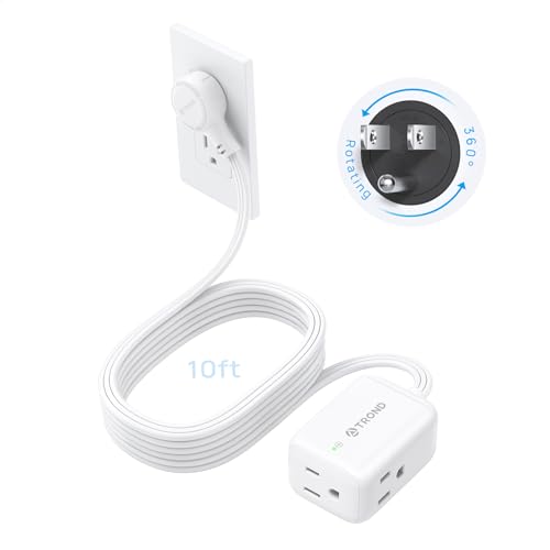 TROND 360° Rotating Flat Plug Extension Cord Surge Protector 10ft, Small Power Strip with 900 Joules, 3 Side Grounded Outlets, 13A, SPT 16/3 Gauge Wire, for Indoor Home Office Dorm Essentials, White - color: White, size: 10 ft, style: With Surge Protectio