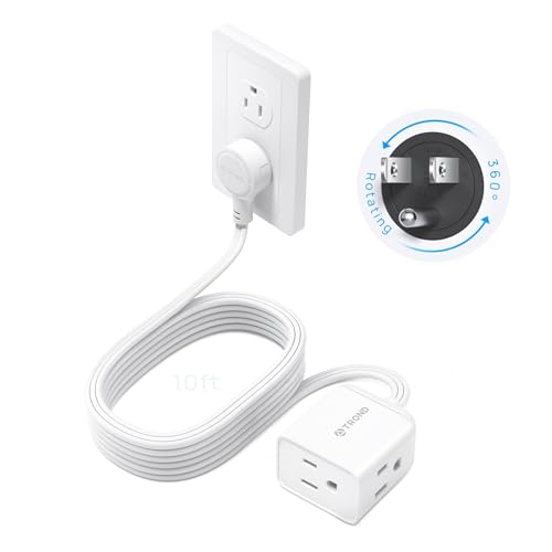 TROND Flat Extension Cord 10ft with 360° Rotating Plug, Low Profile Small Power Strip, 3 Prong Grounded Outlets Cube, 13A, SPT 16/3 AWG Cable, for Indoor Home Office Kitchen Cruise Essentials, White - color: White, size: 10 ft, style: No Surge Protection