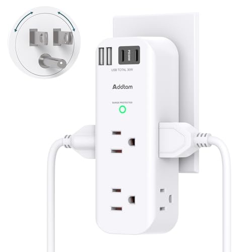 Addtam 30W USB C Outlet Extender Surge Protector, Rotating Plug, 6 AC Outlets Splitter, 4 USB Ports (2 USB-C), 1800J Wall Mount Power Strip, 3-Side Multi Plug for Dorm, Travel Essentials - color: White, size: 2C2A 30W