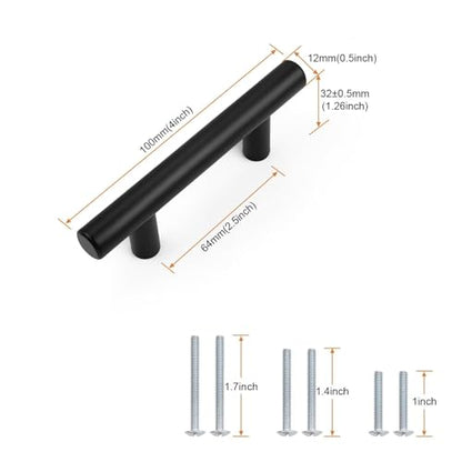 Probrico 5 Pack Hole Centers (64mm) 2-1/2inch Black Kitchen Cabinet Handles Stainless Steel Matte Black Cabinet Pulls Round T Bar Pull Handle for Cabinets and Drawers Total Length 4inch(100mm) - color: Black, size: Hole Centers: 2-1/2"