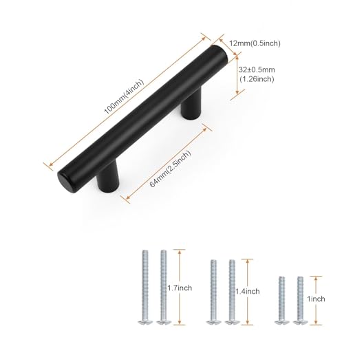 Probrico 5 Pack Holes Centers(64mm) 2-1/2inch Flat Black Kitchen Cabinet Pulls, Stainless Steel Dresser Drawer Handles, 4inch Length Modern T Bar Pull Handle for Bedroom - size: Center to Center: 2.5 Inch