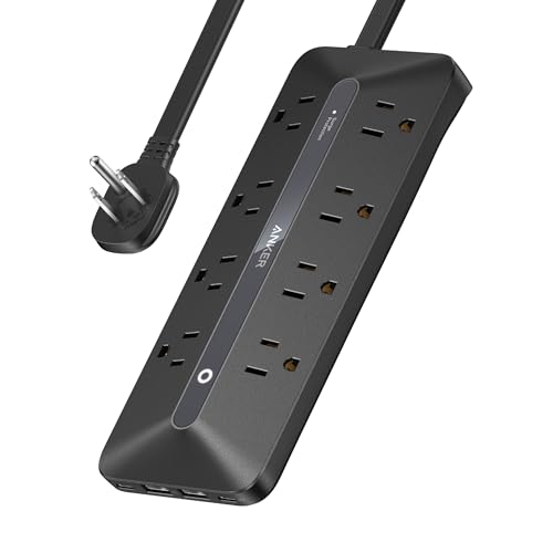 Anker Power Strip with 900J Surge Protector, Flat Plug Extension Cord with Multiple Outlets, 8 AC, 2 USB A & 2 USB C Ports for 35W Max, 5ft Outlet Extender, Dorm Room Essentials, Home Office - color: Black