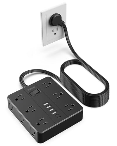 Extension Cord 25 Ft, HUNIAN Flat Plug Power Strip Surge Protector, 12 Widely Spaced Outlets with 6 USB Charger (2 USB C Ports), Desk Charging Station for Home Office Supplies, Dorm Room, Black - color: Black, size: 25FT