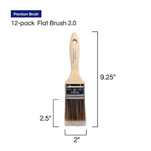 12PK 2 inch Flat Brush Premium Wall/Trim House Paint Brush Set Great for Professional Painter and Home Owners Painting Brushes for Cabinet Decks Fences Interior Exterior & Commercial Paintbrush.