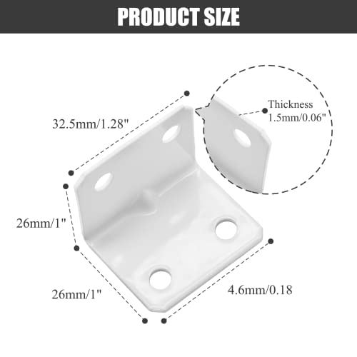 Biaungdo 12 Pcs White Metal Corner Brace, 26 x 26 x 32mm L Shape Shelf Bracket, 90 Degree Right Angle L Brackets Support with Screws for Wood, Shelves, Cabinet, Furniture, 4 Holes