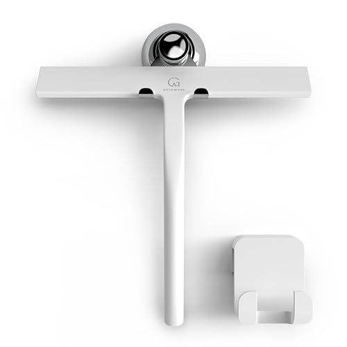 GÜTEWERK Silicone Shower Squeegee for Glass Doors & Mirrors with Stainless Steel Core, Streak-Free & No-Squeak Window Cleaning, 3-in-1 No-Drill Mount (Hook/Suction/Adhesive),White, 9 Inches - color: White, size: 9 Inches