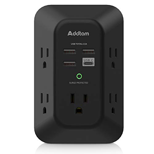 USB Wall Charger Surge Protector - Addtam 5 Outlet Extender with 4 USB Charging Ports (1 USB C), 3-Sided 1800J Power Strip Multi Plug Outlets Adapter Widely Spaced,Black - style: 1C3A