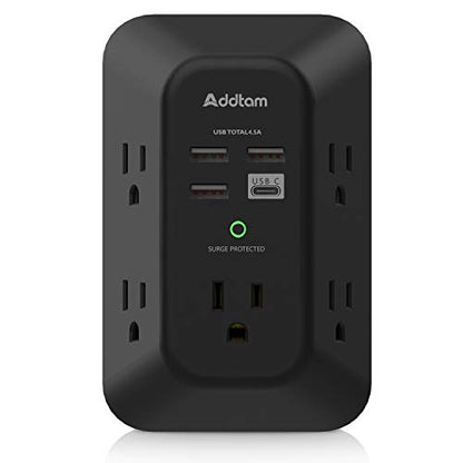 USB Wall Charger Surge Protector - Addtam 5 Outlet Extender with 4 USB Charging Ports (1 USB C), 3-Sided 1800J Power Strip Multi Plug Outlets Adapter Widely Spaced,Black - style: 1C3A