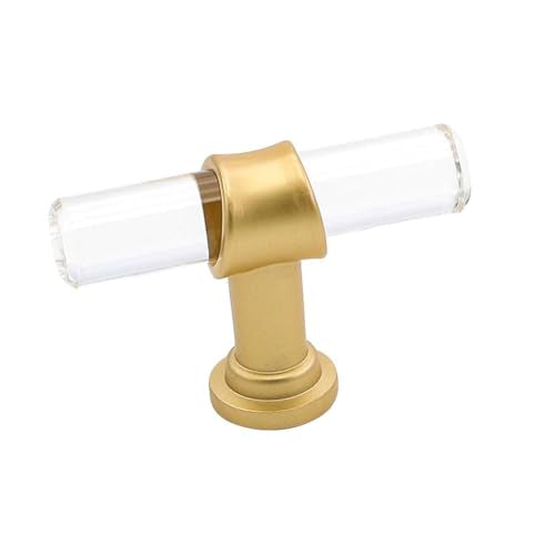 Goldenwarm 5 Pack-Clear Acrylic Drawer Knobs Brushed Brass Cabinet Hardware - LS9165GD T Bar Acrylic Drawer Pulls Gold Clear Cabinet Hardware Single Hole Drawer Pulls - color: ‎Brass-acrylic, size: 5 Pack