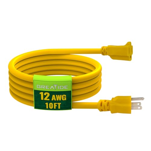 10 Ft Outdoor Extension Cord - 12/3 SJTW Heavy Duty Yellow Extension Cable with 3 Prong Grounded Plug - Power Cord for Lawn, Garden, Appliances - color: Yellow, size: 10 FT