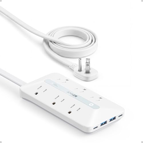 Anker Power Strip with 300J Surge Protector, Flat Plug Extension Cord with Multiple Outlets, 6 AC, 2 USB A & 2 USB C Ports for 20W, 10ft Outlet Extender, Dorm Room Essentials, Home Office - color: White, size: 10FT