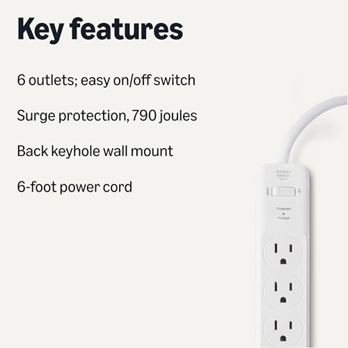 Amazon Basics Surge Protector Power Strip, 6-Outlet, 790 Joules, 6ft Extension Cord, Safety Shutters, White