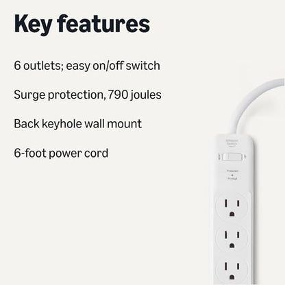 Amazon Basics Surge Protector Power Strip, 6-Outlet, 790 Joules, 6ft Extension Cord, Safety Shutters, White