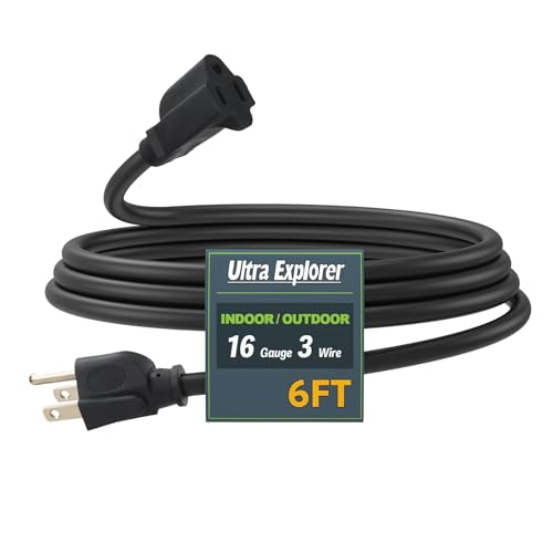 6 Ft Indoor Outdoor Black Extension Cord, 16/3 SJTW Heavy Duty Water-Resistant, 3 Prong Grounded Plug Power Cord for Home Appliance, Lights and Lawn, 13A 1625W, UL Listed - color: Black, size: 6', style: No Lighted