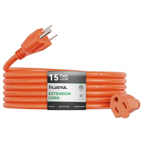 Outdoor Extension Cord 15 FT Waterproof, 16/3 Gauge Heavy Duty 3 Prong Extension Cord, 13A 1625W SJTW, ETL Listed, Great for Garden and Home, Orange - size: 15FT