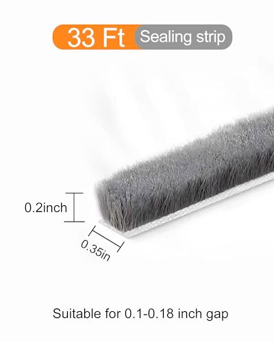 Weather Stripping Door Window Seal, 33Ft Self-Adhesive Brush Door Soundproofing Seal Strip for Sliding Windows and Door Frames, 0.35" Wide x 0.2" Thick