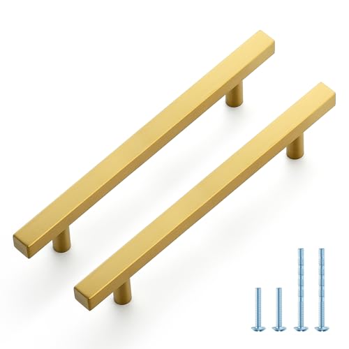 JOY DECOR 10 Pack 5 Inch Brushed Brass Square Cabinet Handles Stainless Steel Cabinet Hardware Pulls for Kitchen and Drawers with 7-3/8 Inch Overall Length - color: Brushed Brass, size: 5 Inch Hole Center