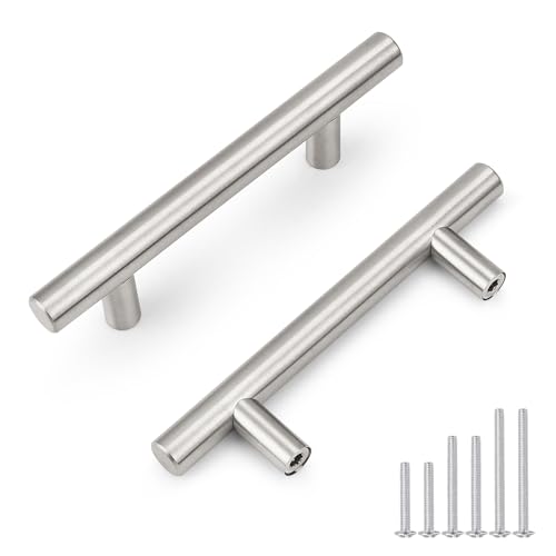 Probrico 5 Pack Hole Centers (76mm) 3inch Brushed Nickel Cabinet Pulls Stainless Steel Drawer Handles Euro Style T Bar Dresser Pull Handle Length 127mm(5inch) - color: Brushed Nickel, size: Hole Centers: 3"