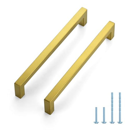 JOY DECOR 2 Pack Cabinet Handles, Gold Cabinet Pulls, 7-1/2 Inch Kitchen Handles Square Drawer Pulls Stainless Steel Drawer Hardware, 192mm Hole Center - size: 7-1/2 Inch Hole Center