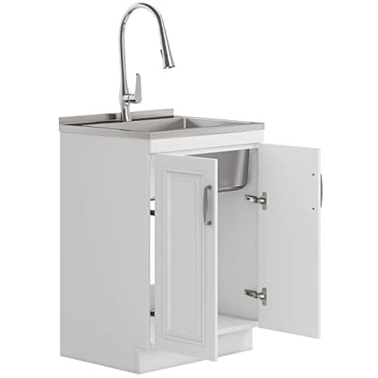SIMPLIHOME Darwin All-in-One 24 inch Wide Utility Sink and Laundry Cabinet in Pure White Finish, Transitional Stainless Steel Sink Cabinet for Laundry Rooms with High-Arch Chrome Faucet and Storage - size: 24 Inch, style: Stainless Steel Sink