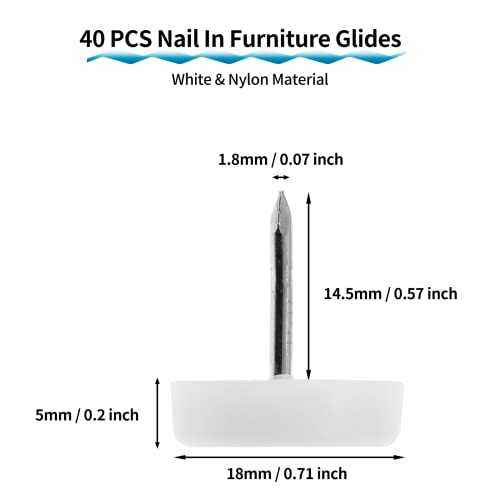 40 PCS Nail in Furniture Glides 18mm Nylon Chair Glides for Wood Floors, White Plastic Table Leg Protectors Chair Feet Sliders, Plastic Chair Legs Tack on Furniture Pads for Hardwood Floors - size: 40 PCS