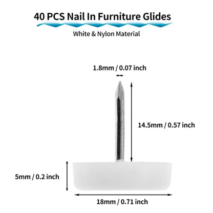 40 PCS Nail in Furniture Glides 18mm Nylon Chair Glides for Wood Floors, White Plastic Table Leg Protectors Chair Feet Sliders, Plastic Chair Legs Tack on Furniture Pads for Hardwood Floors - size: 40 PCS