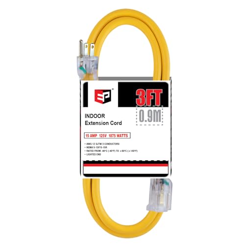 EP 3 ft Lighted Extension Cord - 12/3 SJTW Heavy Duty Yellow Extension Cable with 3 Prong Grounded Plug - 15AMP Power Cord for Lawn, Garden, Appliances - color: Yellow, size: 3ft